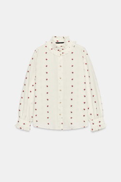 ZARA БЛУЗА С ЦВЕТОЧНЫМ ЖАККАРДОВЫМ УЗОРОМ И ВОЛАНАМИ, ЭКРЮ/КРАСНЫЙ