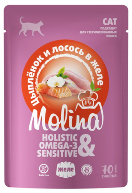 MOLINA Пауч для взрослых кошек с цыпленком и лососем в желе, 0,07 кг
