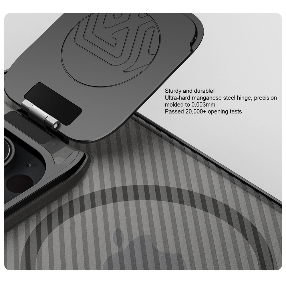 Чехол прозрачный тонированный (Transparent Black) от Nillkin с металлической крышкой и MagSafe на iPhone 16 Pro, серия CamShield Prop Magnetic Case