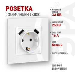 Розетка ЭРА Elegance 14-4109-01 2P+E 16A-250В со шторками с 2xUSB 5В-3А белый | Эра Elegance