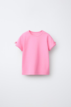 ZARA ФУТБОЛКА В РУБЧИК С БАНТАМИ, РОЗОВЫЙ