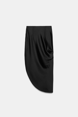 ZARA АТЛАСНАЯ ЮБКА МИДИ АСИММЕТРИЧНОГО КРОЯ, ЧЕРНЫЙ