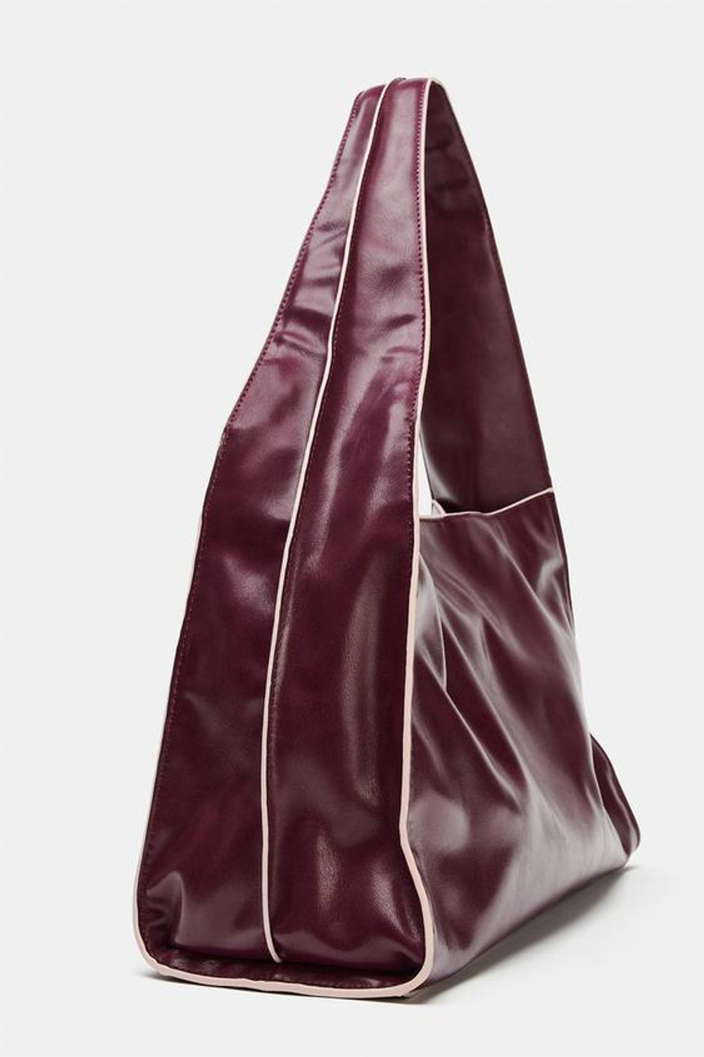 ZARA СУМКА-ШОПЕР С КОНТРАСТНОЙ СТРОЧКОЙ, БОРДОВО-КРАСНЫЙ