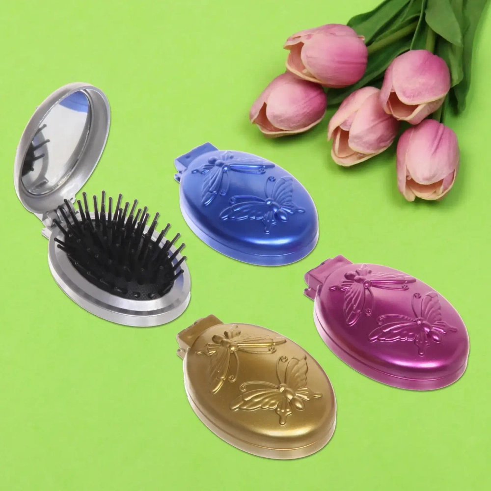 Расческа для волос массажная складная с зеркалом «Beauty Room», овал, узор бабочка, микс 4 цвета, 9*5,5см●