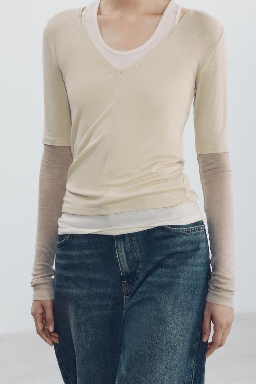 ZARA ФУТБОЛКА С ТРОЙНЫМИ ДЛИННЫМИ РУКАВАМИ, ЭКРЮ/БЕЖЕВЫЙ