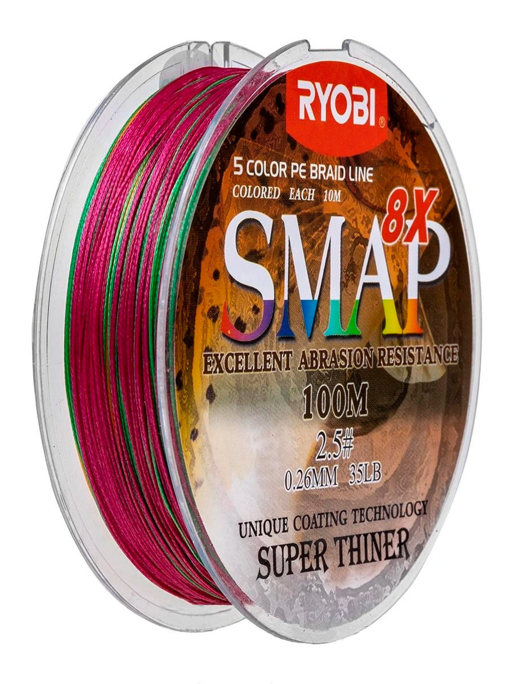 Шнур плетеный для рыбалки Ryobi SMAP PE8X-100M Multi Colour 6.0# 0,405мм