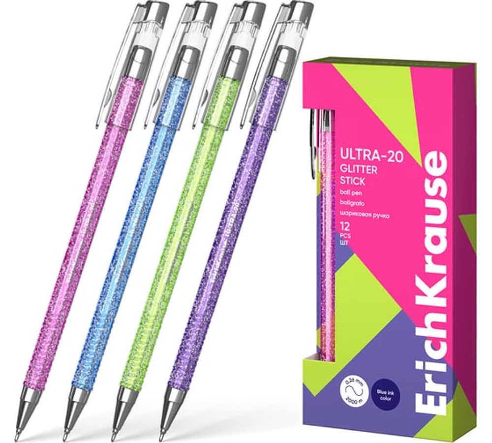 Ручка шариковая ErichKrause ULTRA-20 Stick Glitter 0.7, Super Glide Technology, цвет чернил синий (в коробке по 12 шт.) Арт. 61032