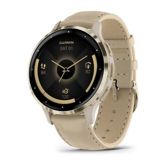 Умные часы Garmin Venu 3S цвета французский серый с кожаным ремешком с золотистым безелем