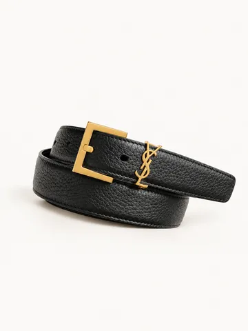 Женский ремень Saint Laurent — чёрный с закруглённым концом и золотистой пряжкой YSL