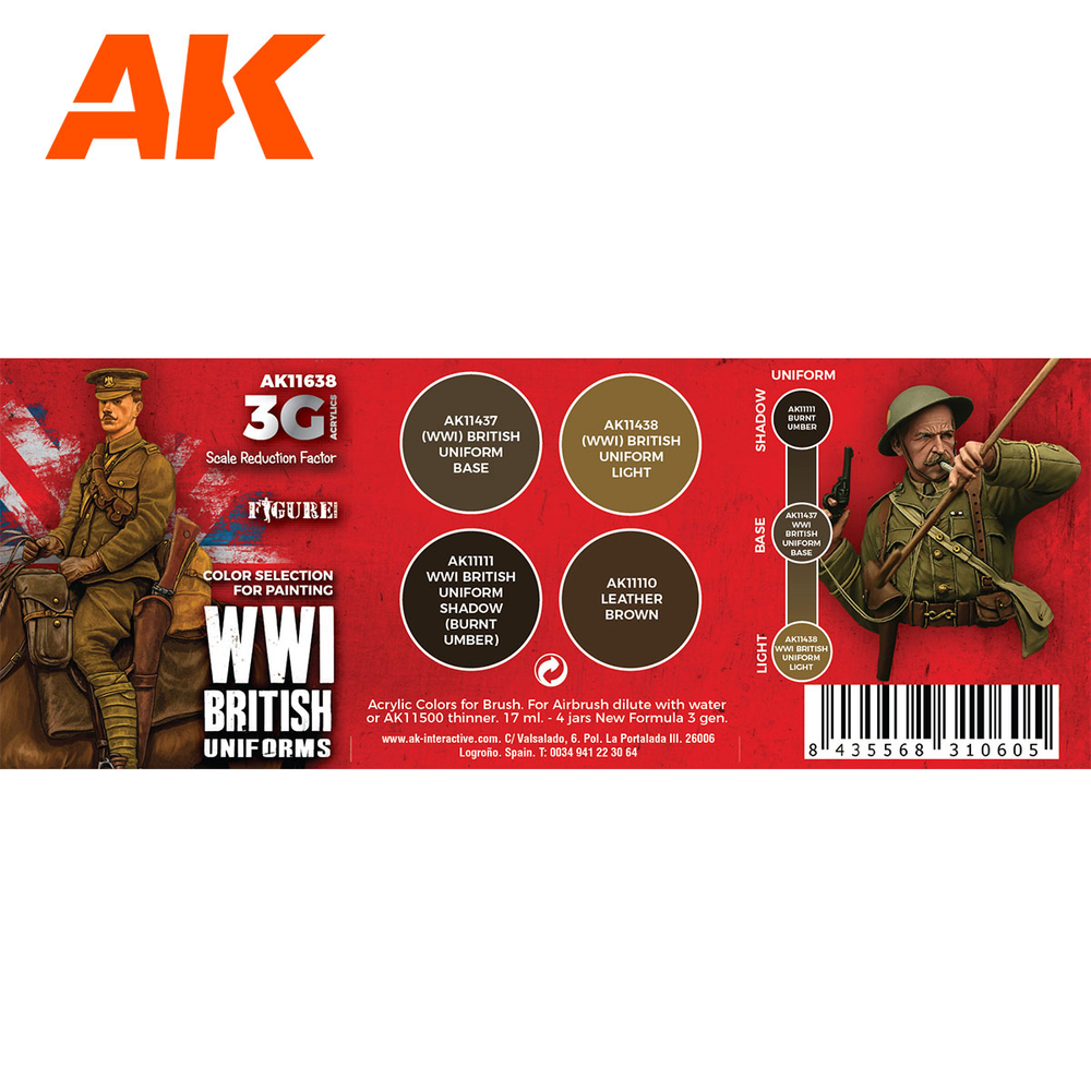 Набор красок AK Interactive WWI British Uniform Colors Set 3G, 4 краски