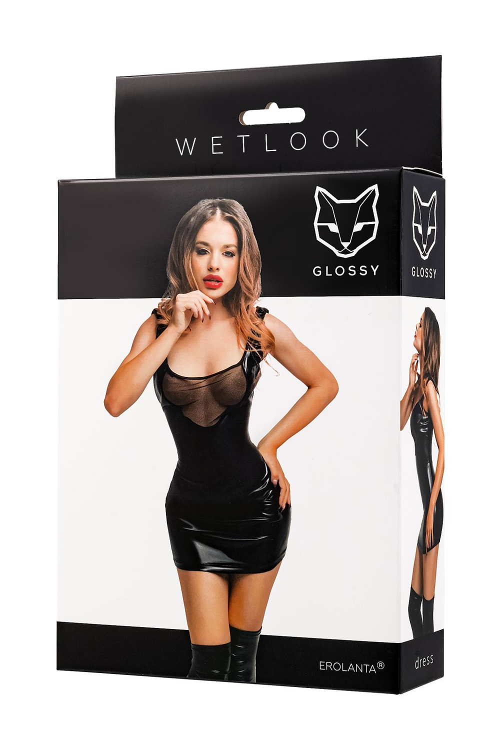Glossy Rimma - Платье с сеточкой из материала Wetlook, черное, XL