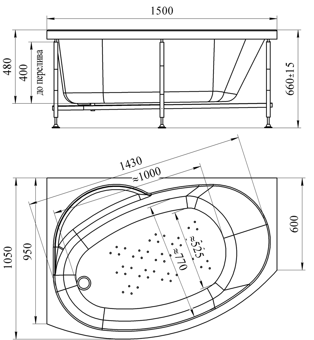 Акриловая ванна Монти 150х105(правосторонняя), каркас