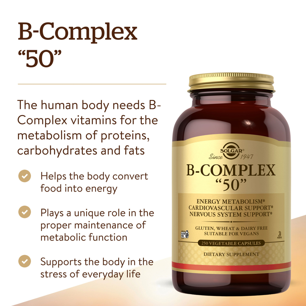 Solgar, B-Complex 50, витамины группы B, 250 растительных капсул