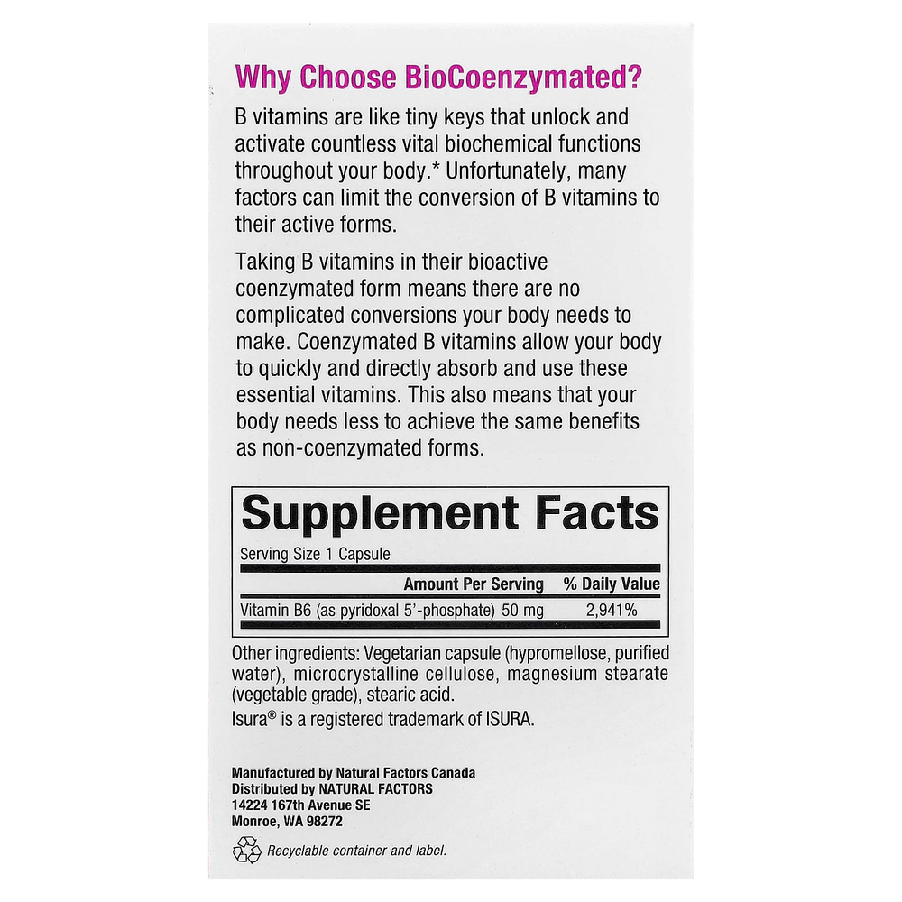 Natural Factors, BioCoenzymated®, B6, пиридоксаль 5'-фосфат, 50 мг, 30 вегетарианских капсул