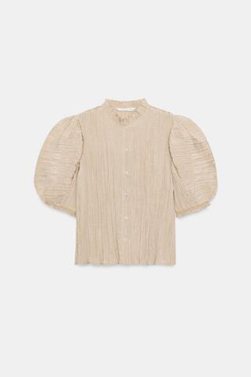 ZARA РУБАШКА С ОБЪЕМНЫМИ РУКАВАМИ — ZW COLLECTION, СЕРО-КОРИЧНЕВЫЙ