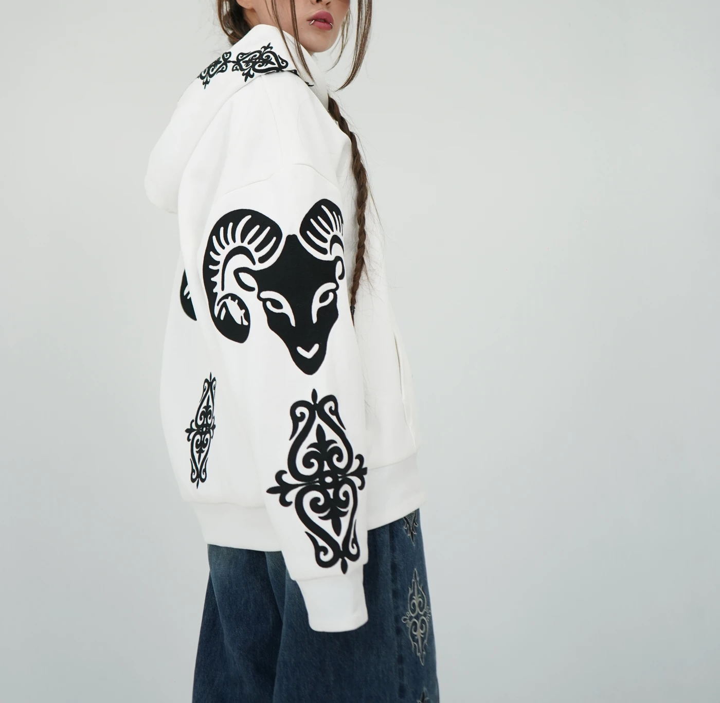 White Zip Hoodie with Signature Ornament Embroidery