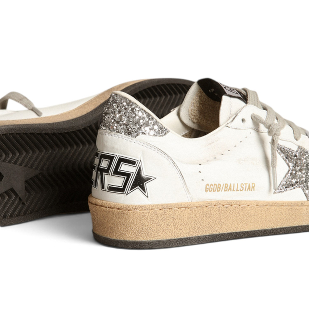 Women’s Ball Star sneakers in white nappa leather with silver glitter star and heel tab