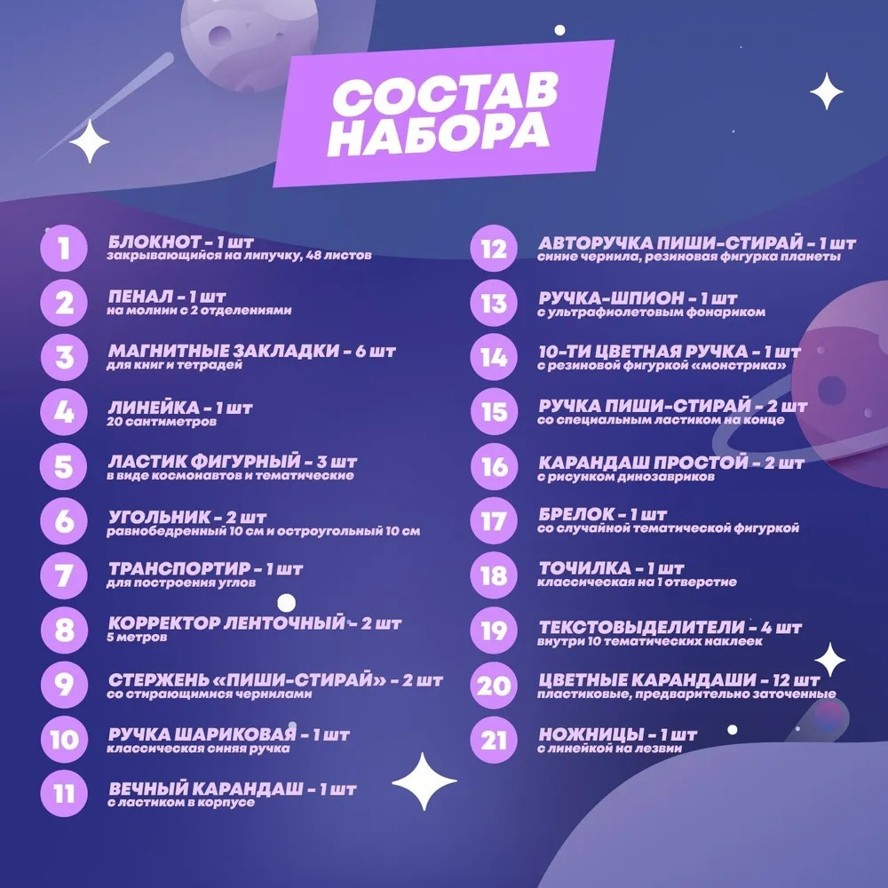 Подарочный канцелярский школьный набор 47 предметов Космонавты, MC-Basir, Большой бокс с канцелярией для мальчика 2025, милый подарок на Новый год и День рождения