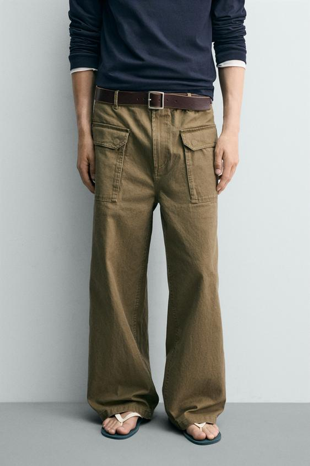 ZARA БРЮКИ WIDE FIT СО ШЛЕВКОЙ, ХАКИ
