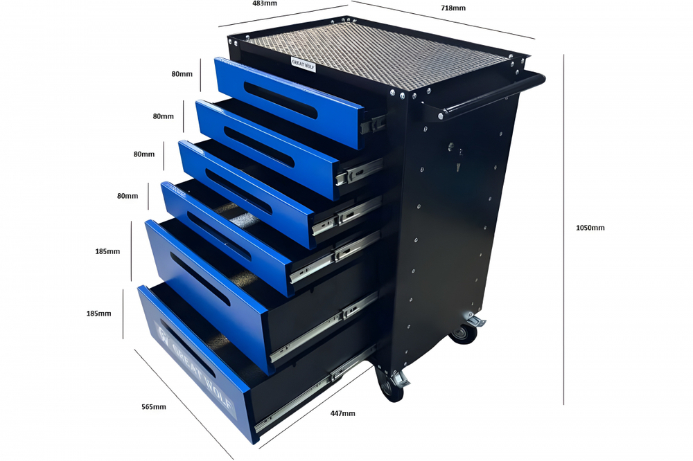 Инструментальная тележка GWT-B6L (6 ящиков, центральный замок, колеса с тормозом, синяя)