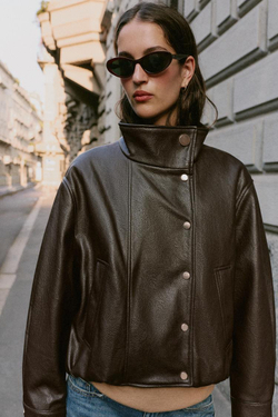 ZARA БОМБЕР ИЗ ИСКУССТВЕННОЙ КОЖИ С ВОРОТНИКОМ-СТОЙКОЙ, КОРИЧНЕВЫЙ