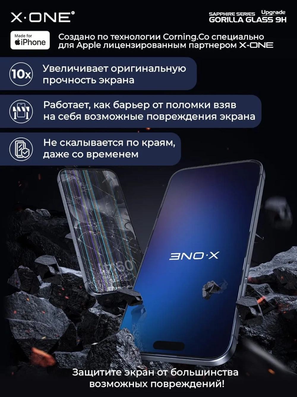 Сапфировое стекло iPhone 13 Pro Max/14 Plus X-ONE Sapphire 9H (upgrade) / фильтр динамика / установочный аппликатор