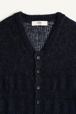 ZARA АЖУРНЫЙ УКОРОЧЕННЫЙ КАРДИГАН, СИНИЙ