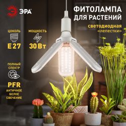 Фитолампа для растений светодиодная ЭРА GREEN LINE ФИТО-30W-PFR-E27-GR 3-х лепестковая полного спектра 30 Вт Е27 | Фитолампы Е27