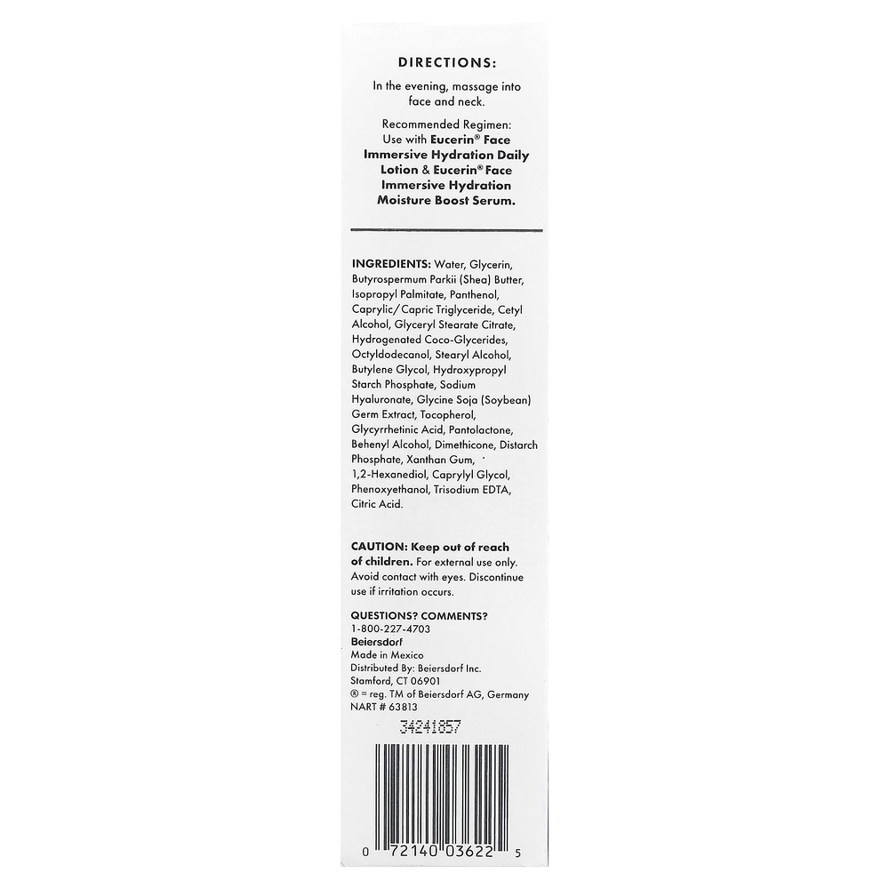 Eucerin, Face, иммерсивный увлажняющий ночной крем, без отдушек, 71 г (2,5 унции)