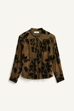 ZARA ПОЛУПРОЗРАЧНЫЙ ТОП С ЦВЕТОЧНЫМ ПРИНТОМ - LIMITED EDITION, ТЕМНО-ОЛИВКОВЫЙ