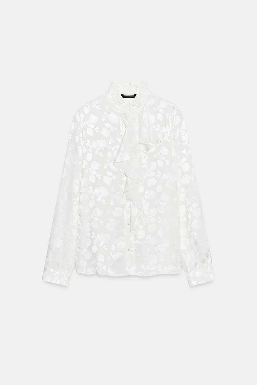 ZARA БЛУЗА С ЦВЕТОЧНЫМ ЖАККАРДОВЫМ УЗОРОМ И ВОЛАНАМИ, БЕЛЫЙ