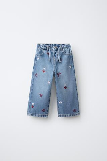 ZARA ДЖИНСЫ WIDE LEG ИЗ СТРУЯЩЕГОСЯ ДЕНИМА С ВЫШИВКОЙ, ГОЛУБОЙ