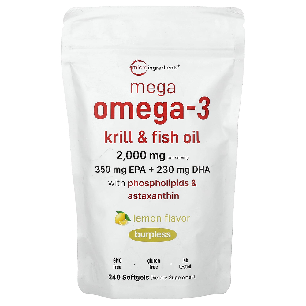 Micro Ingredients, Mega Omega-3, криль и рыбий жир с фосфолипидами и астаксантином, лимон, 240 капсул