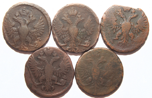 Набор из 5 монет Елизаветы I Денга 1748-1751, 1753 гг