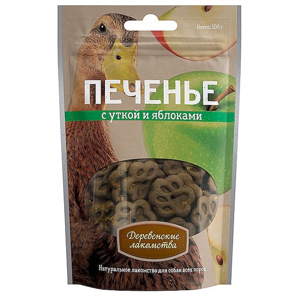 Деревенские лакомства для собак Печенье с уткой и яблоками, 100г Деревенские лакомства для собак Печенье с уткой и яблоками, 100г