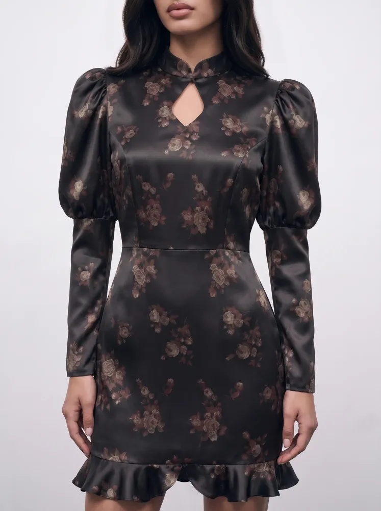 Джианетта мини (Giannetta mini), платье мини из черного атласа с коричневыми цветами