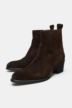 ZARA ЗАМШЕВЫЕ БОТИЛЬОНЫ НА КАБЛУКЕ, КОРИЧНЕВЫЙ
