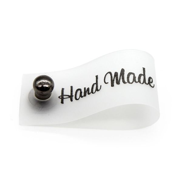 Силиконовая бирка Hand Made с кнопкой черная печать 1,5х7см, уп.4 шт