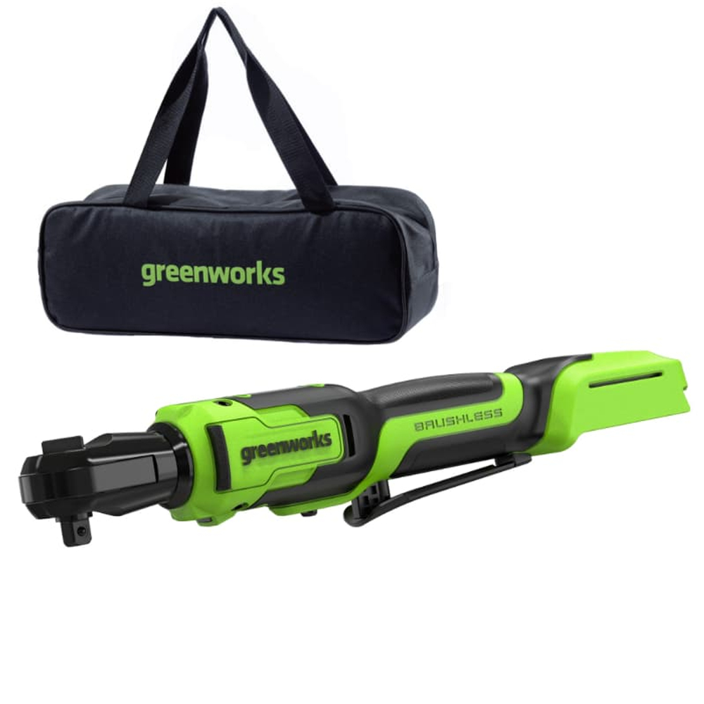 Гайковерт-трещотка Greenworks RW380, 24V, бесщеточная, 1/2", 80Нм, редуктор 70 мм, без АКБ и ЗУ с сумкой, арт. 3804007