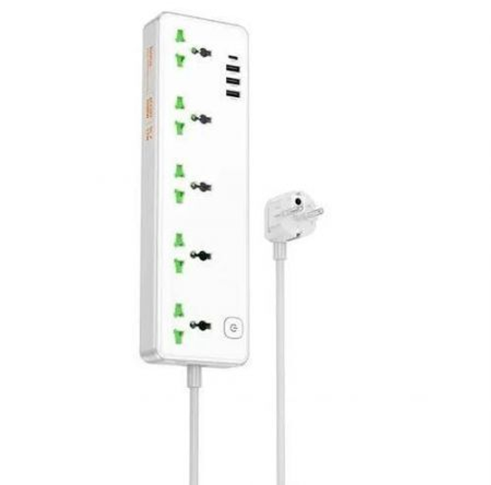 Фильтр сетевой HOCO AC13A, 250V/10A 5 розеток, 17W 3.4A Type-C+3xUSB, 1.5m White