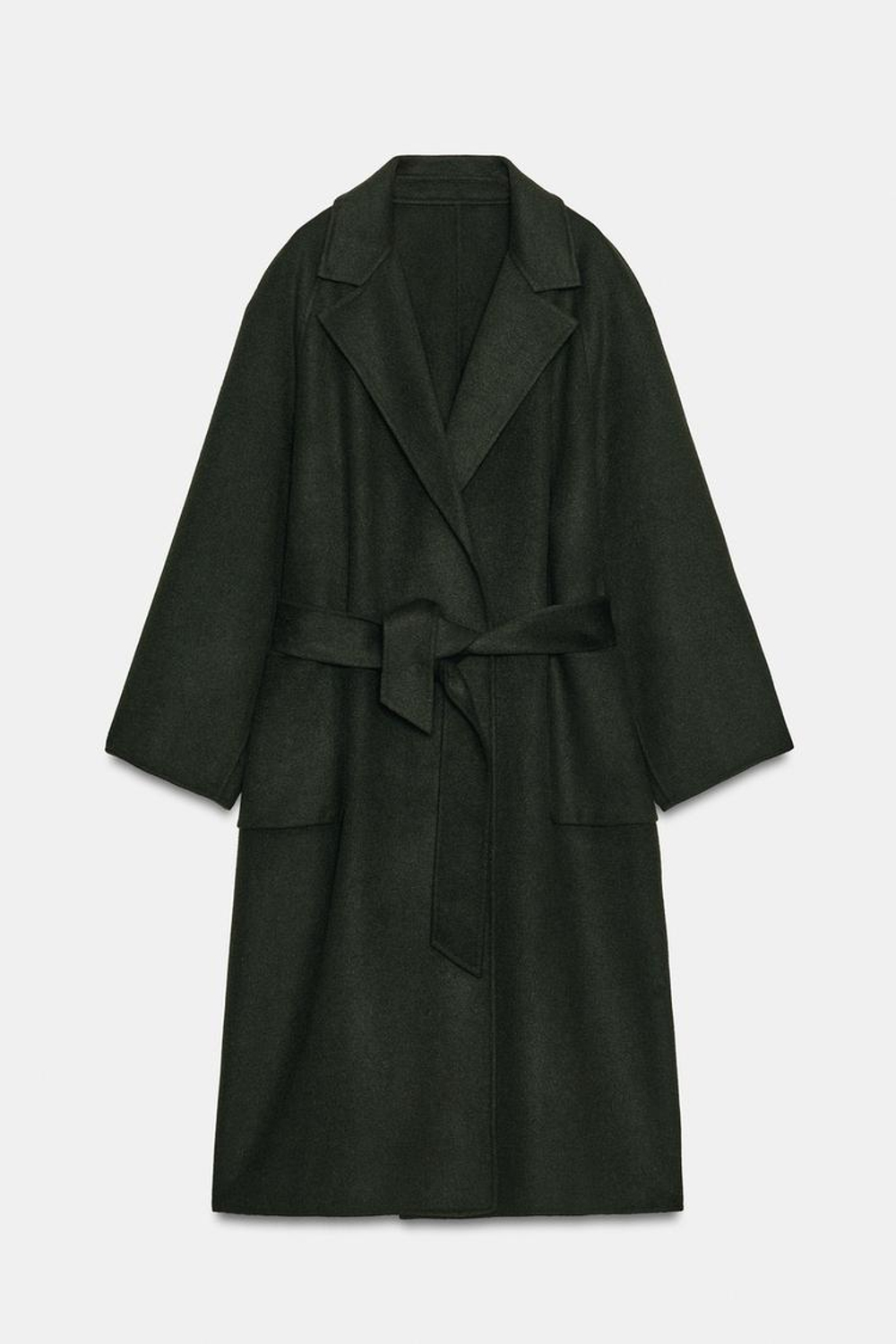 ZARA ПАЛЬТО ИЗ ШЕРСТИ С ПОЯСОМ, ХАКИ