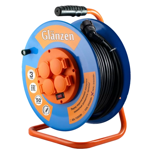 Удлинитель силовой на катушке GLANZEN 4 гн. КГ 3х1,5 арт. EB-50-009