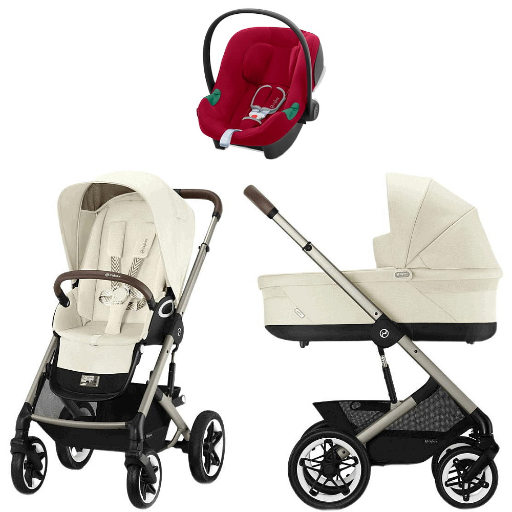 Коляска Cybex Talos S Lux TPE complete Aton B2 Dynamic Red Base One 4 в 1 Seashell Beige с дождевиками