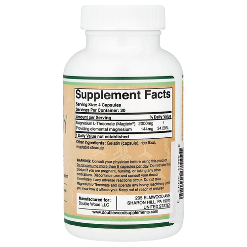 Double Wood Supplements, Magtein®, L-треонат магния, 120 капсул (500 мг в 1 капсуле)