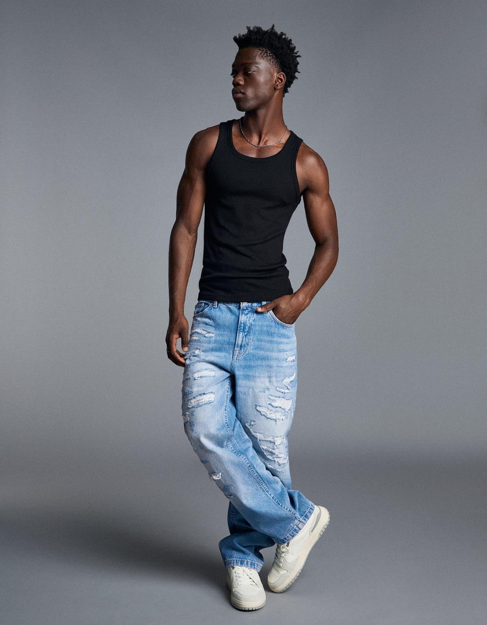 Мужские рваные широкие джинсы straight fit - BERSHKA