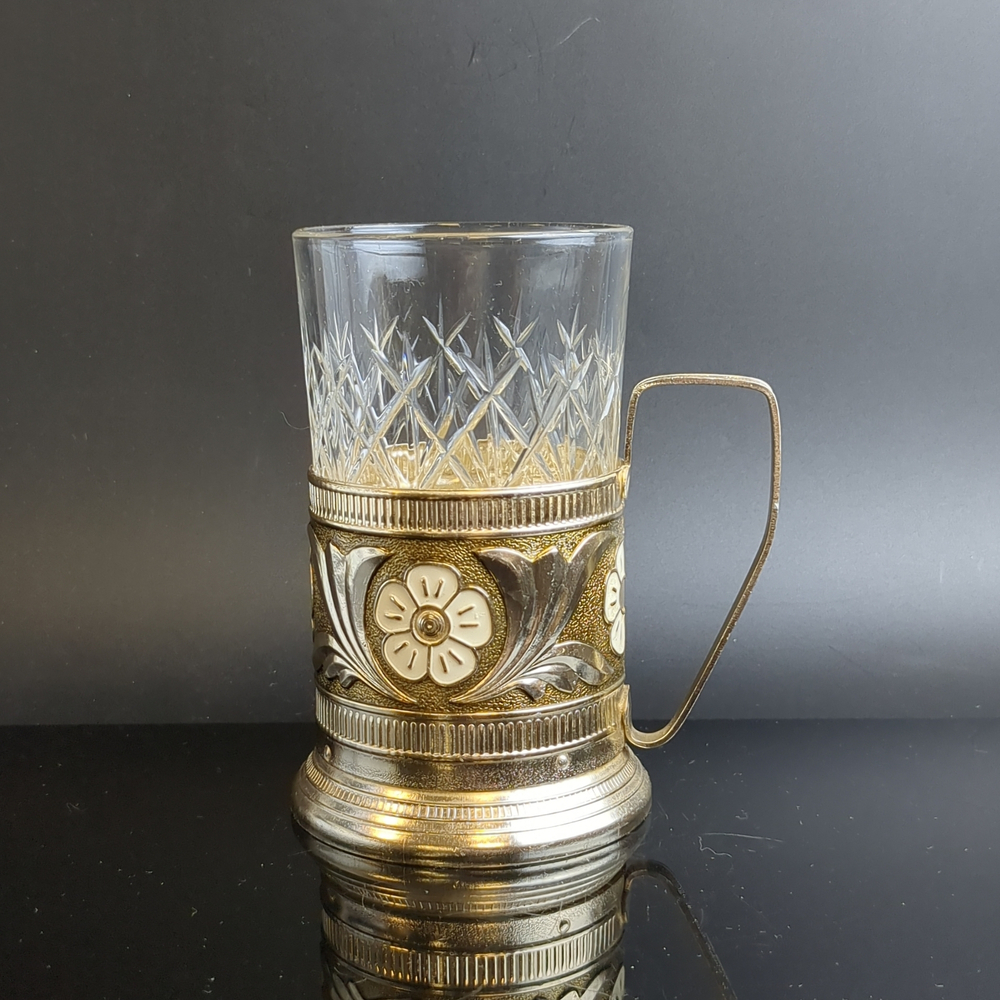 Подстаканник "Ромашка" с хрустальным стаканом, алюминий, холодная эмаль, СССР