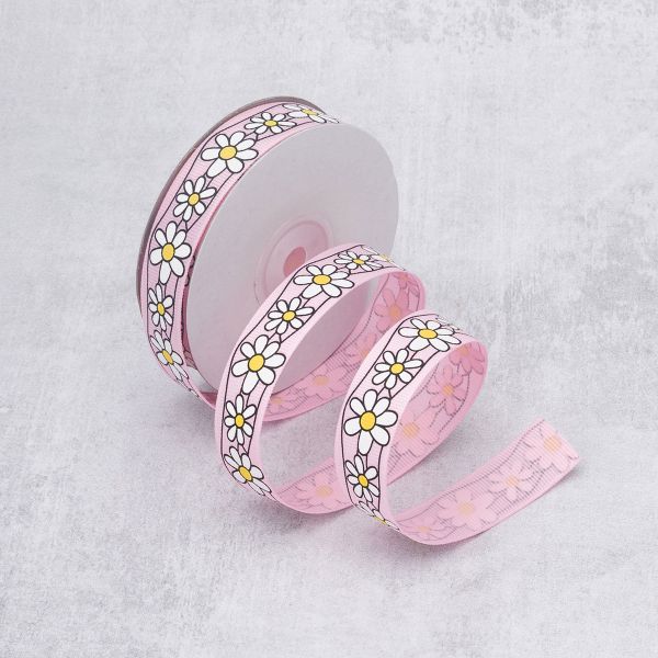 Лента репсовая (в рубчик) Ромашки 1,5см*22.86 м (св.розовый)