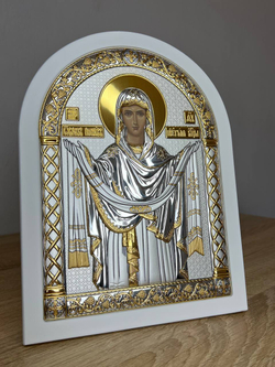 Покрова БМ, икона арочная, белое дерево 175х225 — детальный вид