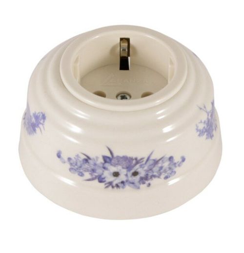 Розетка ретро керамическая с заземлением fiori viola синие цветы, Leanza Fiori Viola РВС / Оконечная