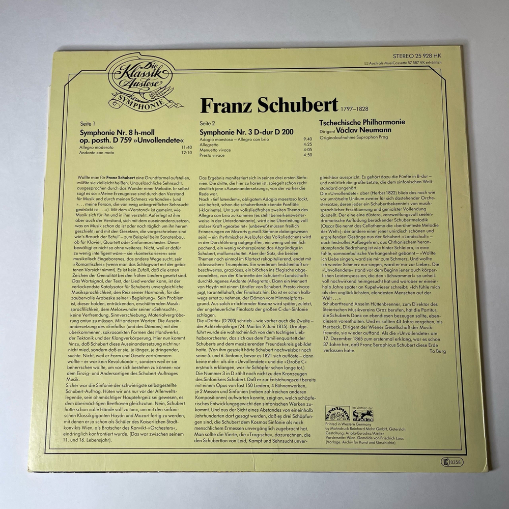 Винтажная виниловая пластинка LP Schubert Шуберт, Vaclav Neumann Symphonie Nr. 8 H-Moll Unvollendete, Symphonie Nr. 3 D-Dur (Германия 1967)